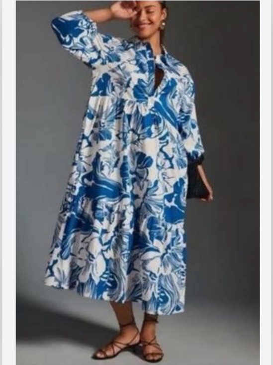 Anthropologie Dresses & Skirts - Anthropologie Maeve Women XXS Bettina Tiered Shirt Dress Blue Floral 3/4 Sleeves